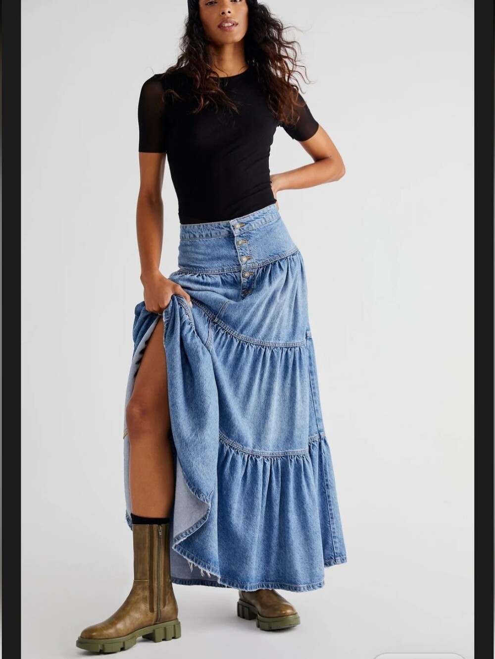 We the Free Dreamweaver Tiered Denim Maxi Skirt Size Xs - Picture 14 of 14